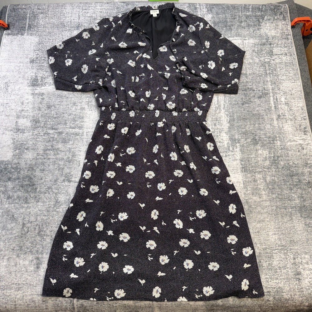 J Crew Floral Print Dress Women XL Black Spotted Tie Neck Peasant Prairie Casual